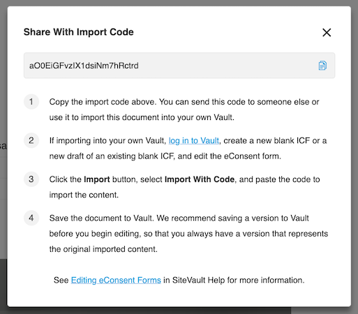 Copy Import Code dialog