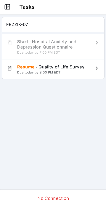 An example of a survey that can be resumed while offline in the MyVeeva for Patients mobile apps