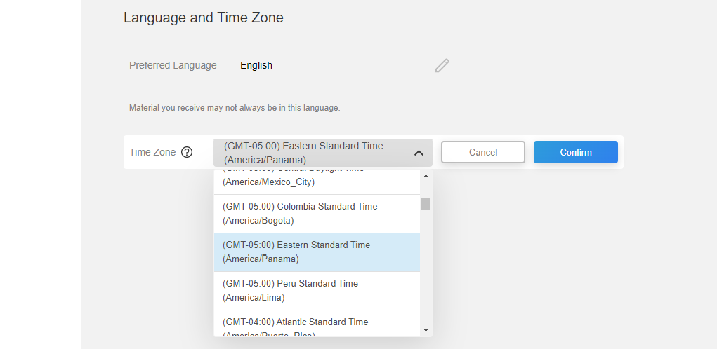 An image of user time zone selection shown in Account Settings