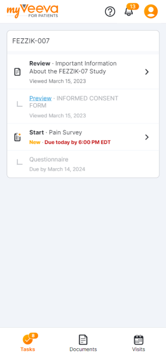 Ordered surveys and consent forms on the Tasks page